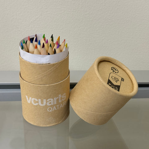 VCUarts wooden box with pencils, eraser, pen sharpener