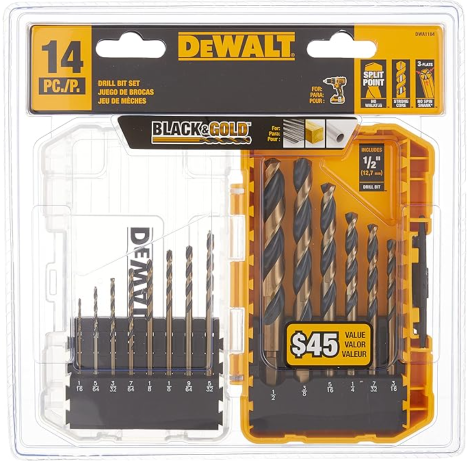 DEWALT Drill Bit Set, 14-Piece, 135 Degree Split Point, For Plastic, Wood and Metal (DWA1184)