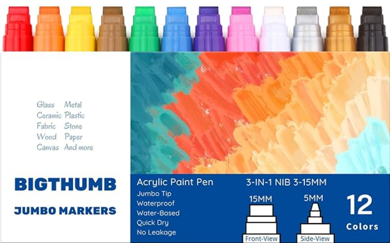 Jumbo Graffiti Poster Markers Set: 12 Colors Large15mm Wide Tip Permanent Ink Thick Acrylic Paint Pens for Rock Painting, Stone, Glass, Wood, Ceramic, Metal, Plastic, Fabric