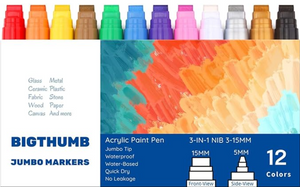 Jumbo Graffiti Poster Markers Set: 12 Colors Large15mm Wide Tip Permanent Ink Thick Acrylic Paint Pens for Rock Painting, Stone, Glass, Wood, Ceramic, Metal, Plastic, Fabric