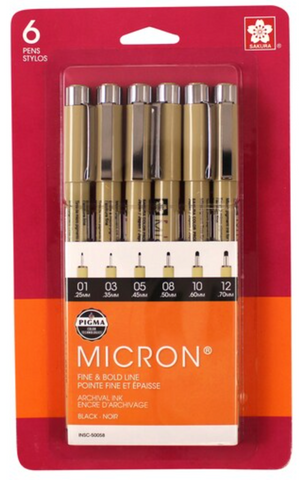 Micron fine and bold line set of 6 (.01, .03, .05, .08, 10, 12)