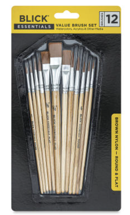 Blick Essentials Value Brush Set - Assorted Brushes, Brown Nylon, Set of 12