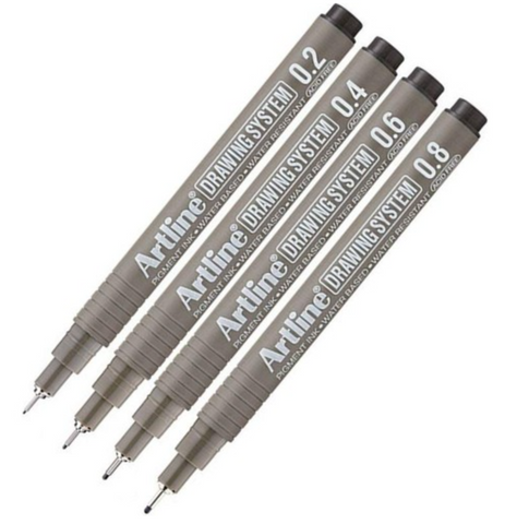 Artline drawing pens 0.2/0.4/0.6/0.8 (set of 4)